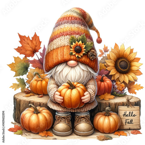 A whimsical gnome stands amidst the autumn's embrace, clutching a plump pumpkin as a symbol of the harvest season's bounty The gnome's vibrant, striped hat mirrors the colorful foliage, a testament