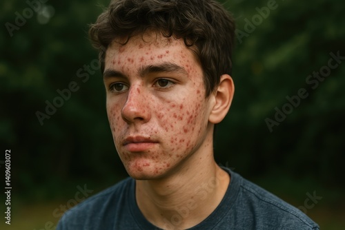 Wallpaper Mural A young man with acne on his face looks thoughtfully into the distance, portraying skin condition.
Concept of: Teenage challenges.
 Torontodigital.ca