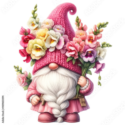 Behold a gnome resplendent in pink attire, a vision of whimsy and charm, cradling a bountiful bouquet of vibrant blooms, evoking feelings of joy and serenity The gnome's pointed hat, a delightful