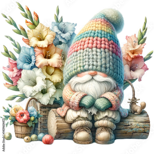 In a whimsical scene, a charming gnome sits upon a rustic log, adorned with a colorful, striped knit hat that adds a playful touch Pastel-hued gladiolus flowers cascade around him, their delicate