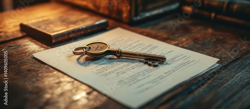 Antique Key on Contract, Wooden Desk