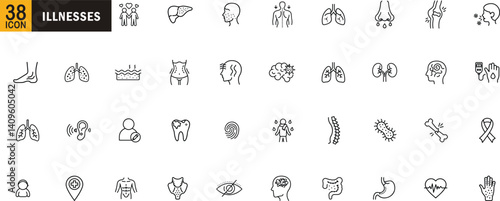Medical illness and disease outline icon set. Includes symptoms, organs, conditions, infections, chronic diseases, and body health diagnostics.

