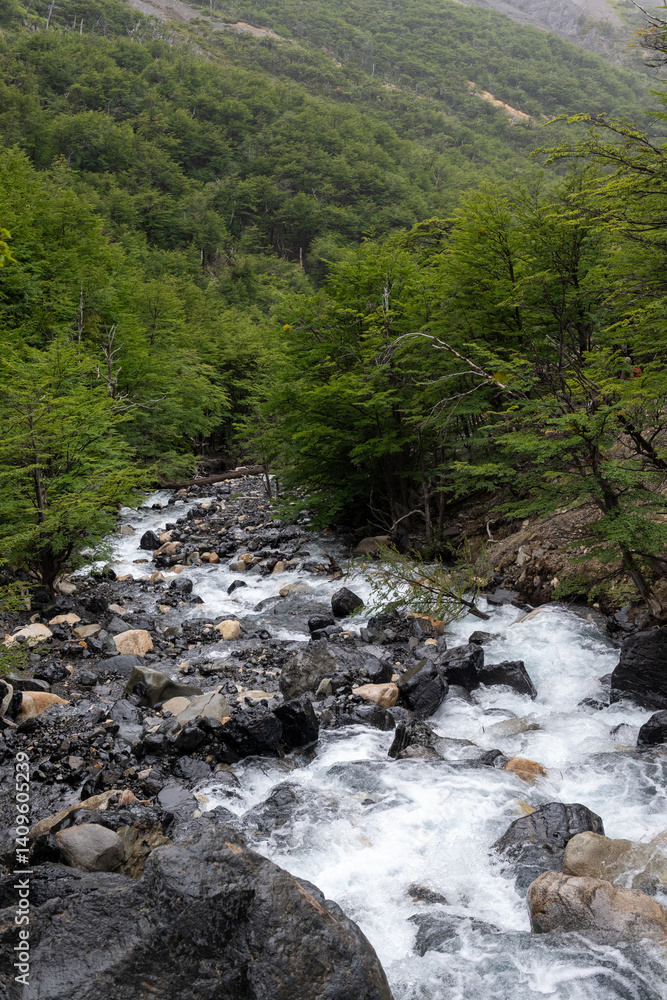 Wide shot of a wild river floating through the mountains of Torres Del Paine national park