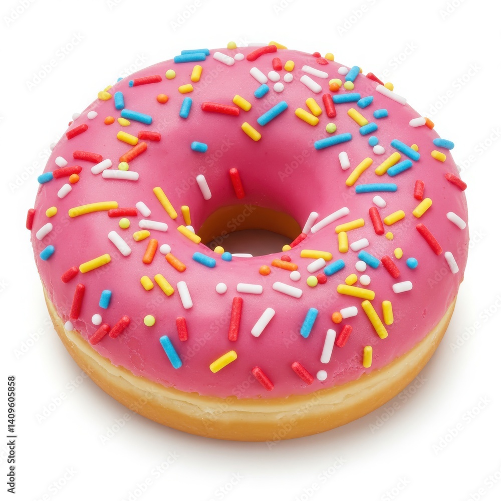 A donut with pink frosting and sprinkles isolated on white background A donut with pink frosting and sprinkles isolated on white background