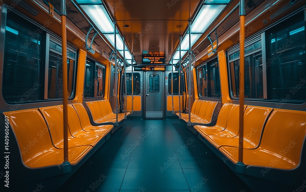 Empty subway car with orange seats, illuminated by fluorescent lights. Clean, modern interior Empty subway car with orange seats, illuminated by fluorescent lights. Clean, modern interior
