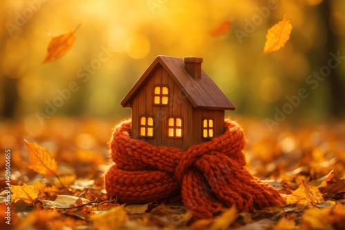 A charming wooden house wrapped in an orange scarf sits amidst fallen autumn leaves. Concept of: Cozy autumn home.
