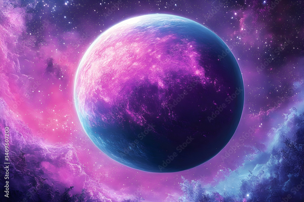 Obraz premium A vibrant, otherworldly planet glows in a nebula of cosmic light.
