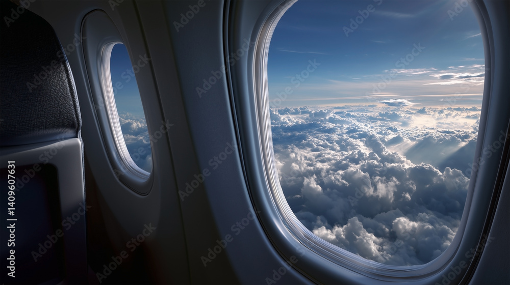 A window on an airplane with clouds in the sky A window on an airplane with clouds in the sky