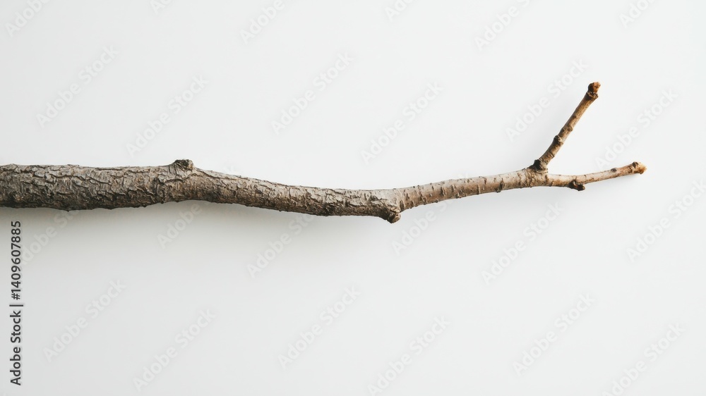 Fototapeta premium A single dry branch with twigs on a stark white minimalist background.