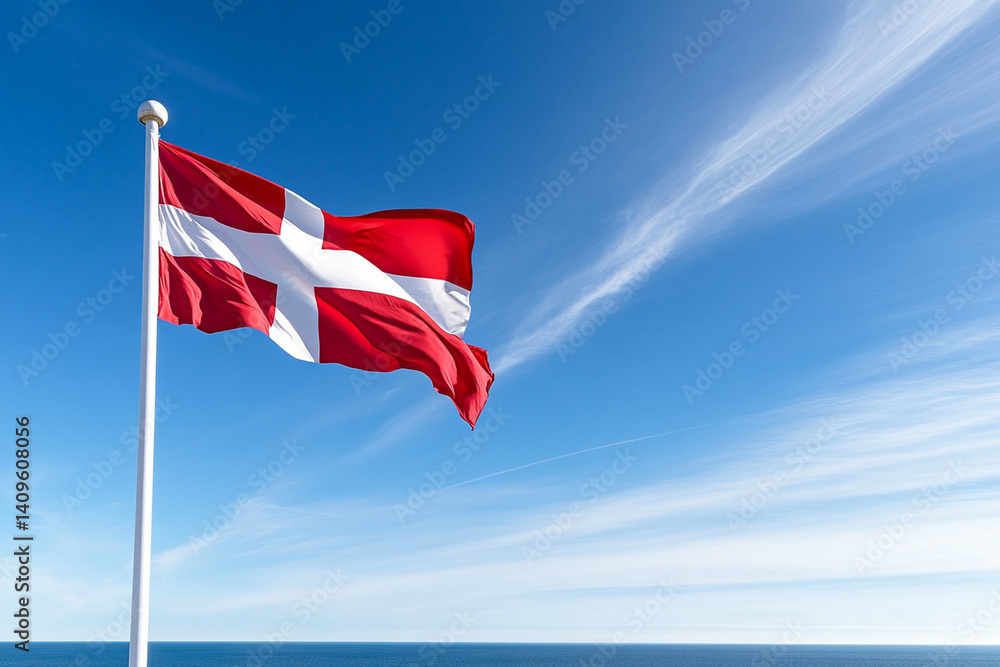 Bright Swedish flag waving in the wind against a clear blue sky by the ocean Bright Swedish flag waving in the wind against a clear blue sky by the ocean
