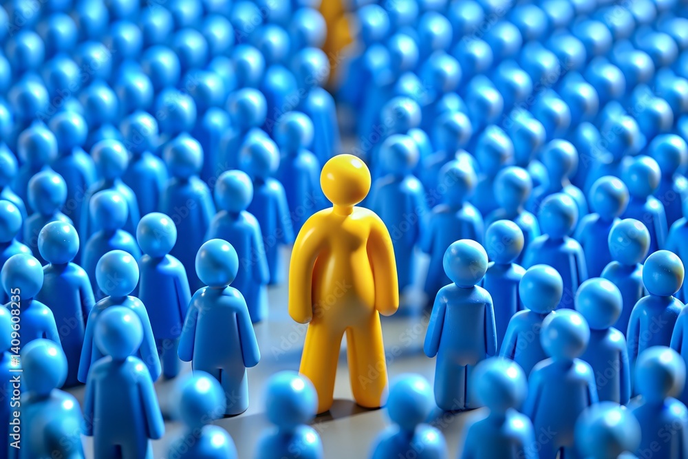 Obraz premium Leadership and Individuality Concept – Yellow Figure Standing Out Among Blue Crowd