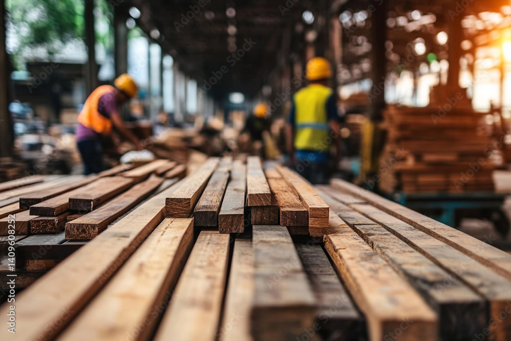 Fototapeta premium Warehouse workers load boxes onto a truck during busy afternoon hours in a construction supply facility