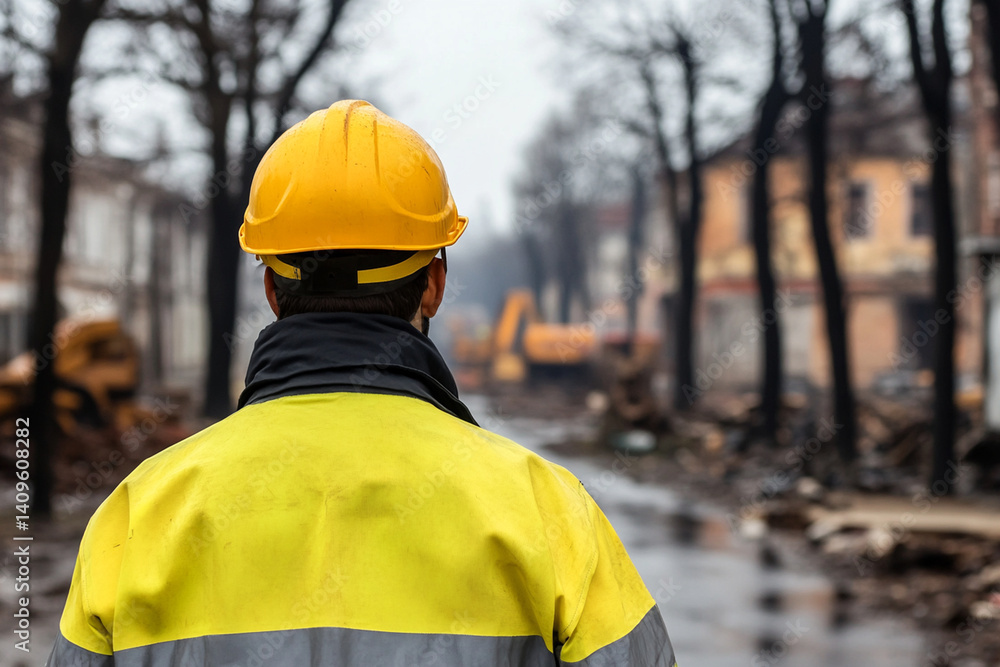 Obraz premium Worker stands near heavy machinery on urban construction site during overcast weather