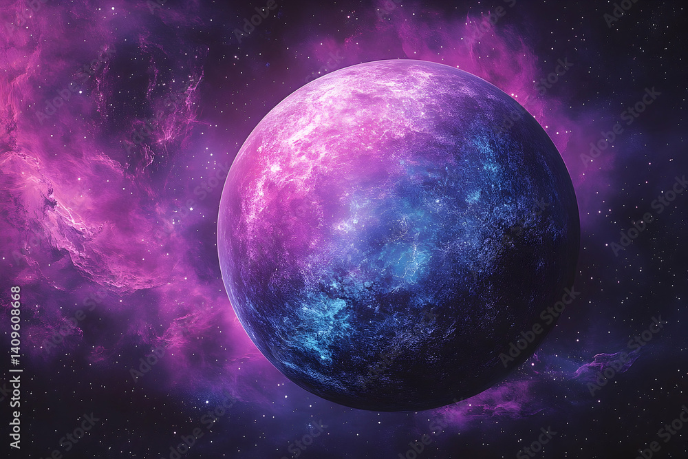 Obraz premium Vibrant purple and blue celestial body amidst a cosmic nebula.