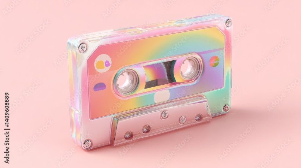 Fototapeta premium Iridescent cassette tape on a pink background, showcasing retro aesthetics with a modern twist.