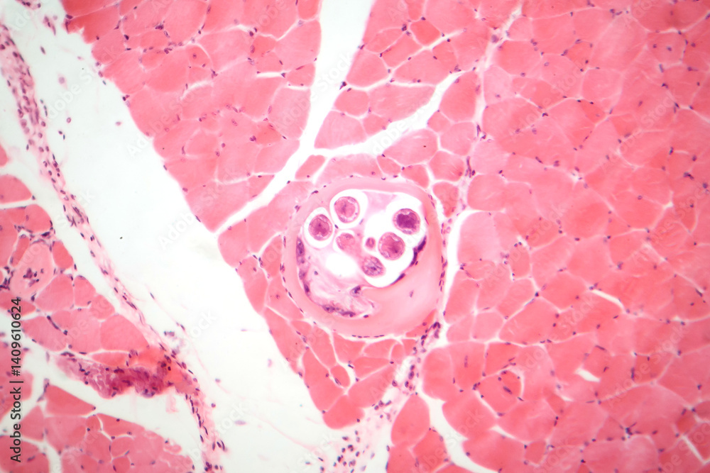 Trichinella spiralis larvae in muscle tissue, photomicrograph showing encysted parasites. Causes trichinosis, a parasitic infection from undercooked meat.