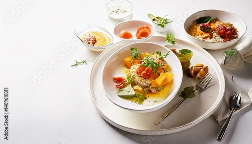 Minimalist food photography of a plated gourmet dish on white background with lots of white space, soft shadows, editorial-style for Instagram or Pinterest layout