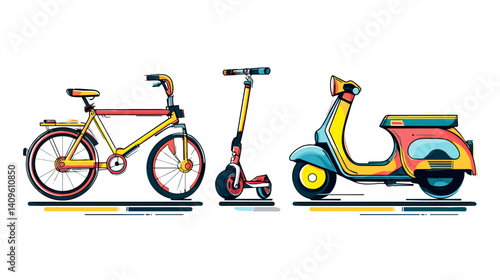 Colorful collection of three different modes of transportation including a bicycle, scooter, and scooter with a vintage design