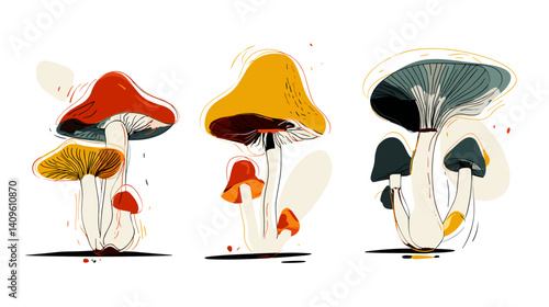 Vibrant illustration set of three wild forest mushrooms showcasing unique shapes and colors in a natural woodland environment