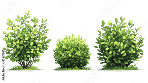 Vector illustration set of three green bushes showcasing diverse leaf structures and vibrant growth
