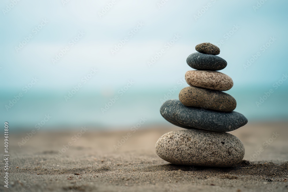 Zen Stone Stack on Serene Shoreline with Textured Rocks on Beach with Ocean View. Zen Stone Stack on Serene Shoreline with Textured Rocks on Beach with Ocean View.