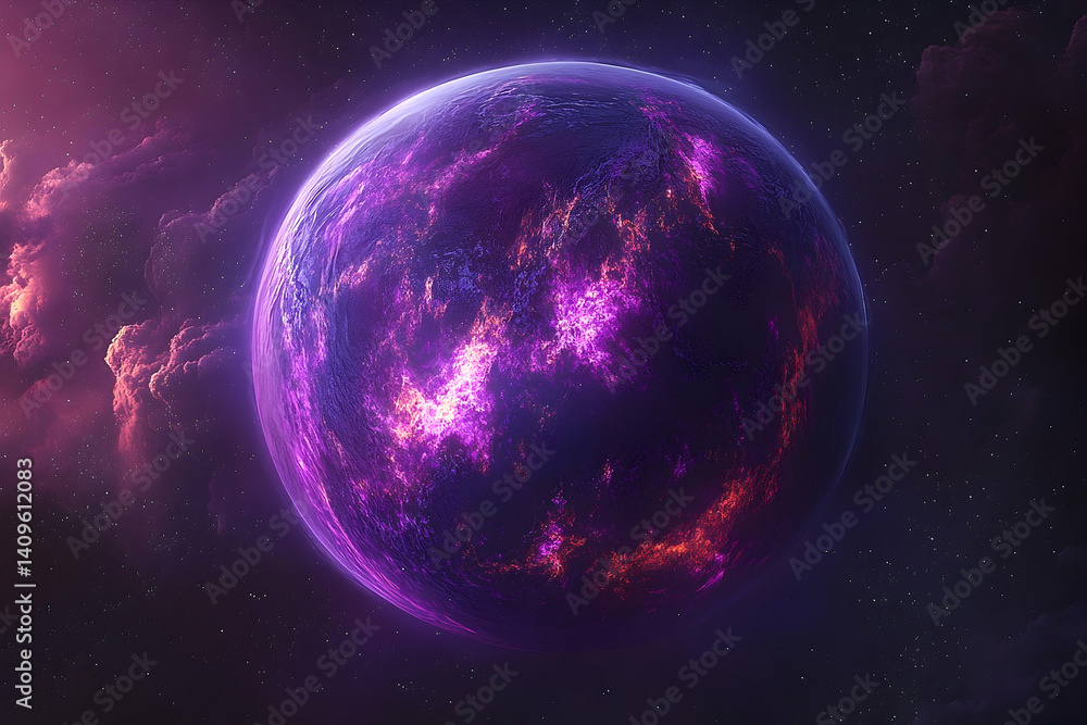 Fototapeta premium Purple, fiery alien planet in a cosmic nebula.