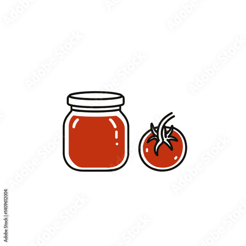 Tomato sauce jar and tomato icon on white