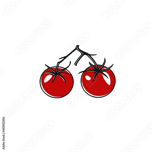 Two red tomatoes on a vine, simple line art style
