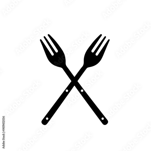 Crossed forks symbol in solid black on white background