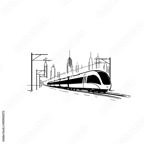 Modern train arriving in city in black and white illustration