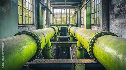Large green industrial pipes in an abandoned factory