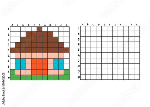 House pixel art activity for kids. This copy-the-picture worksheet helps children practice grid drawing and color recognition by replicating a pixelated duck image from the left side to the right