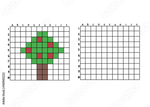 Tree pixel art activity for kids. This copy-the-picture worksheet helps children practice grid drawing and color recognition by replicating a pixelated duck image from the left side to the right