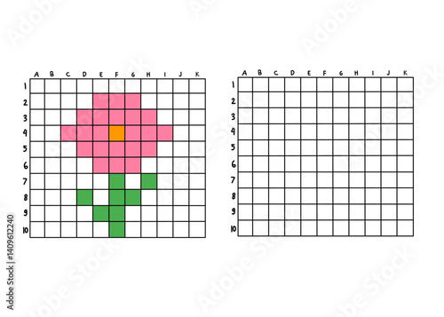 Flower pixel art activity for kids. This copy-the-picture worksheet helps children practice grid drawing and color recognition by replicating a pixelated duck image from the left side to the right