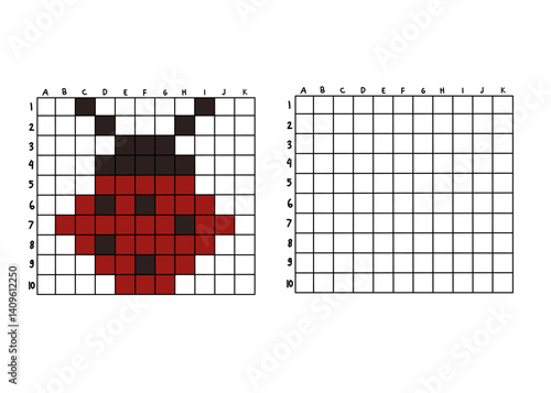 Bug pixel art activity for kids. This copy-the-picture worksheet helps children practice grid drawing and color recognition by replicating a pixelated duck image from the left side to the right