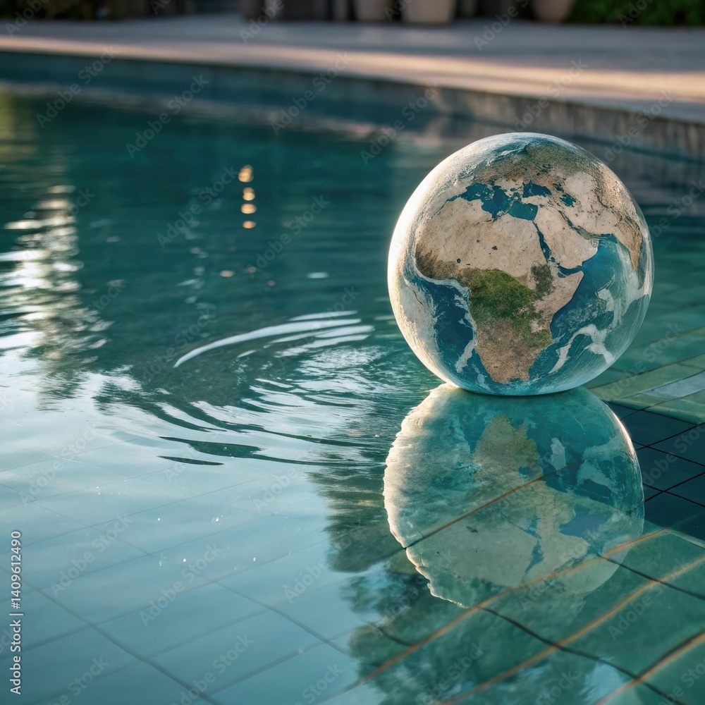 Fototapeta premium Globe in a swimming pool with tranquil mood reflecting nature