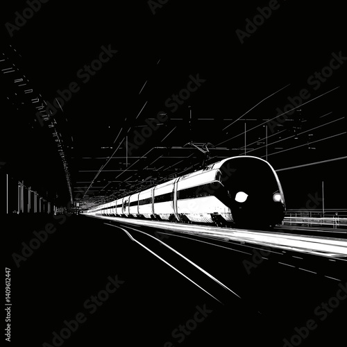 High-speed train in tunnel at night in black and white illustration