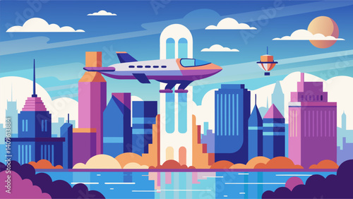 Against the everchanging river city the eVTOLs vertical takeoff is a constant reminder of the advancements made in transportation technology.. Vector illustration
