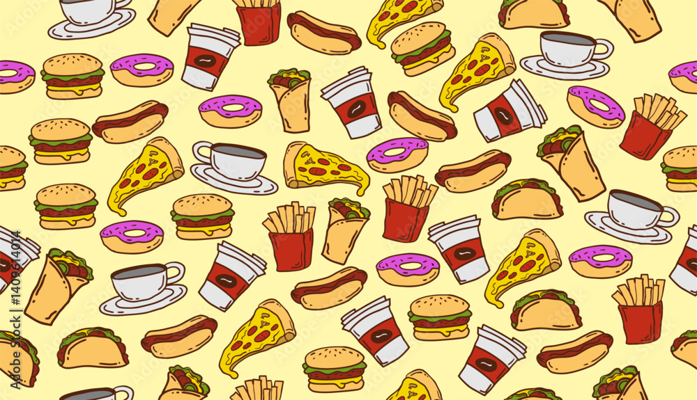 fast food seamless pattern background vector illustration line art icon perfect for menu decoration wallpaper or food package design fast food seamless pattern background vector illustration line art icon perfect for menu decoration wallpaper or food package design