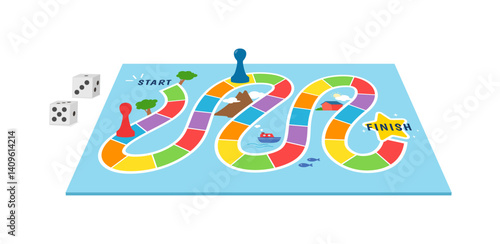 Illustration of a board game with pawns and dice on a blue background