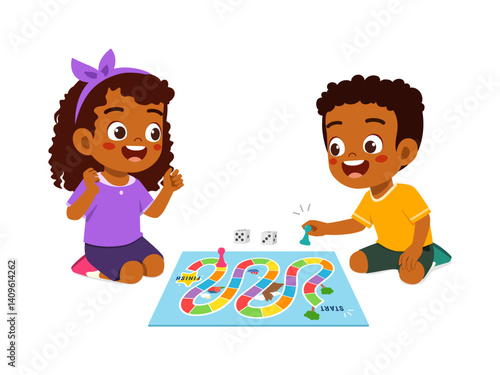 Two happy kids playing board game together with smiles and excitement on a colorful board