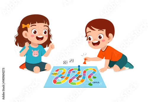 Two Happy Kids Playing a Board Game Together with Dice and Game Pieces in a Cartoon Style