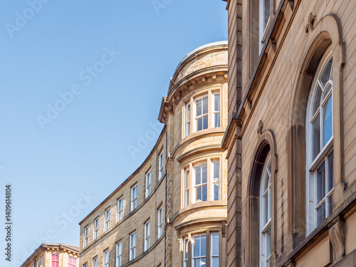 street of 19th century neoclassical buildings in the Bradford Little Germany District