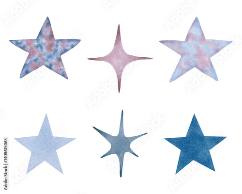 Set of blue, purple stars. Watercolor illustrations. Clip art of space elements of the sky. Night sky magic, astrology. Hand drawn isolated art. Night lights for childrens decor, space prints