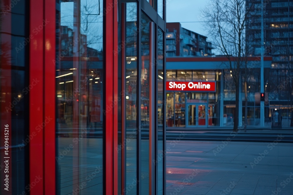 Naklejka premium Urban Shopping Scene with Glossy Red Storefront and Online Signage