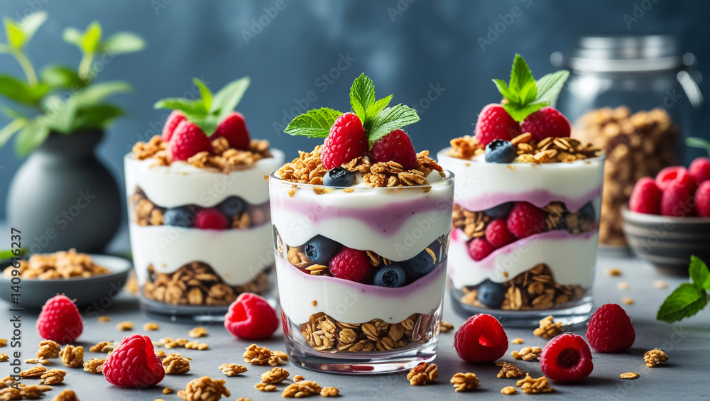 Greek yogurt parfait with strawberry at white background. Greek yogurt parfait with strawberry at white background.