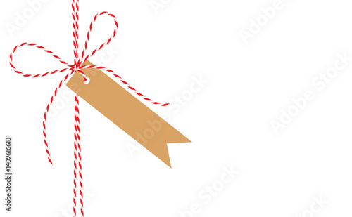 Flat hand drawn bow, gift tied up with cotton red rope bakers twine, ribbon with blank kraft paper flag tag. Packing string for present, New Year, Christmas pastry box.EPS10 on transparent backgroud