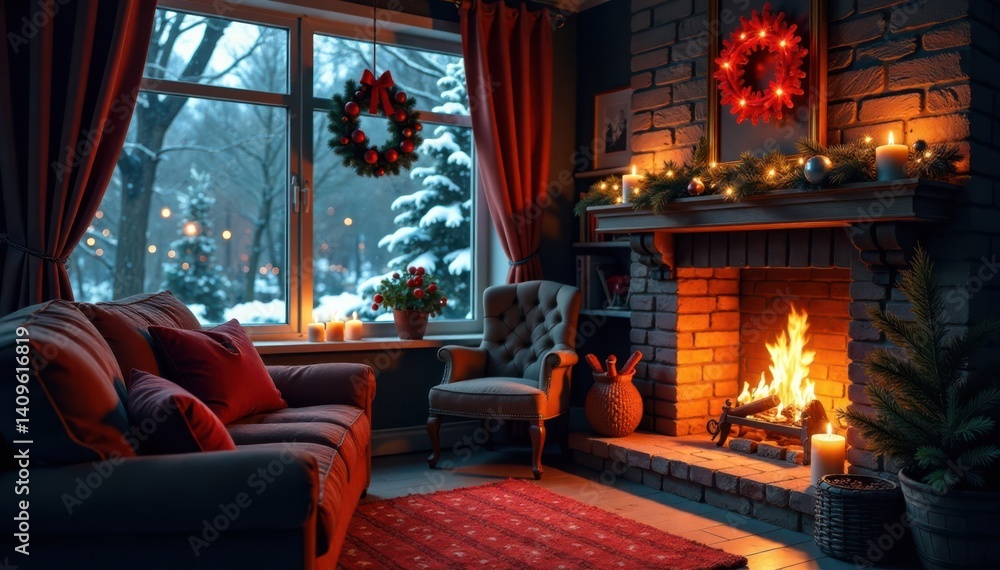 Obraz premium Cozy winter evening with a crackling fireplace and decorated holiday window, holiday window, fireplace, snowy night