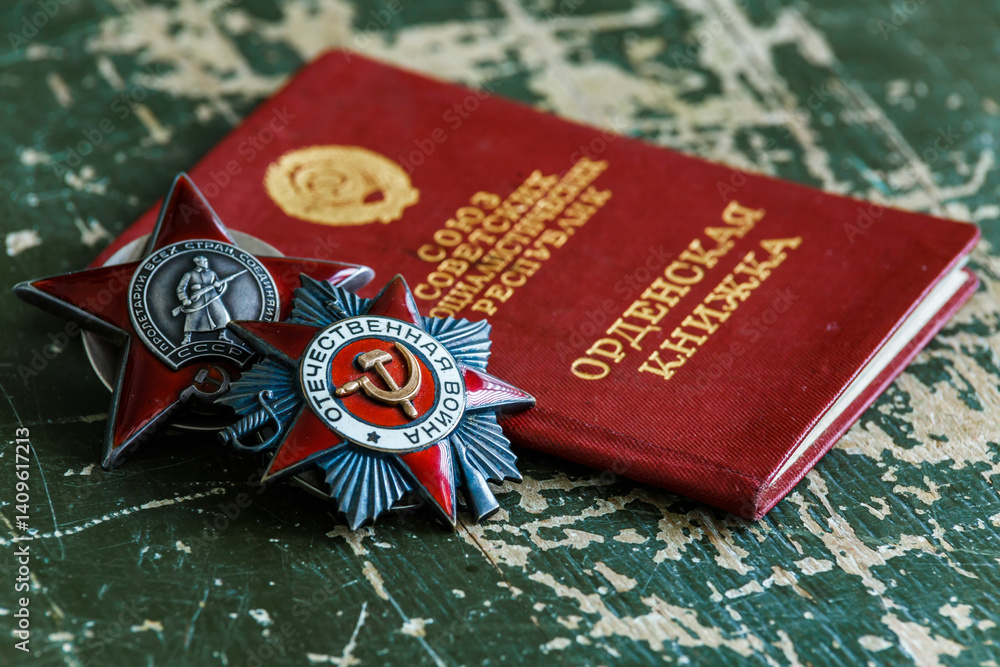 Naklejka premium Awards of the Second world war close-up. Soviet military awards