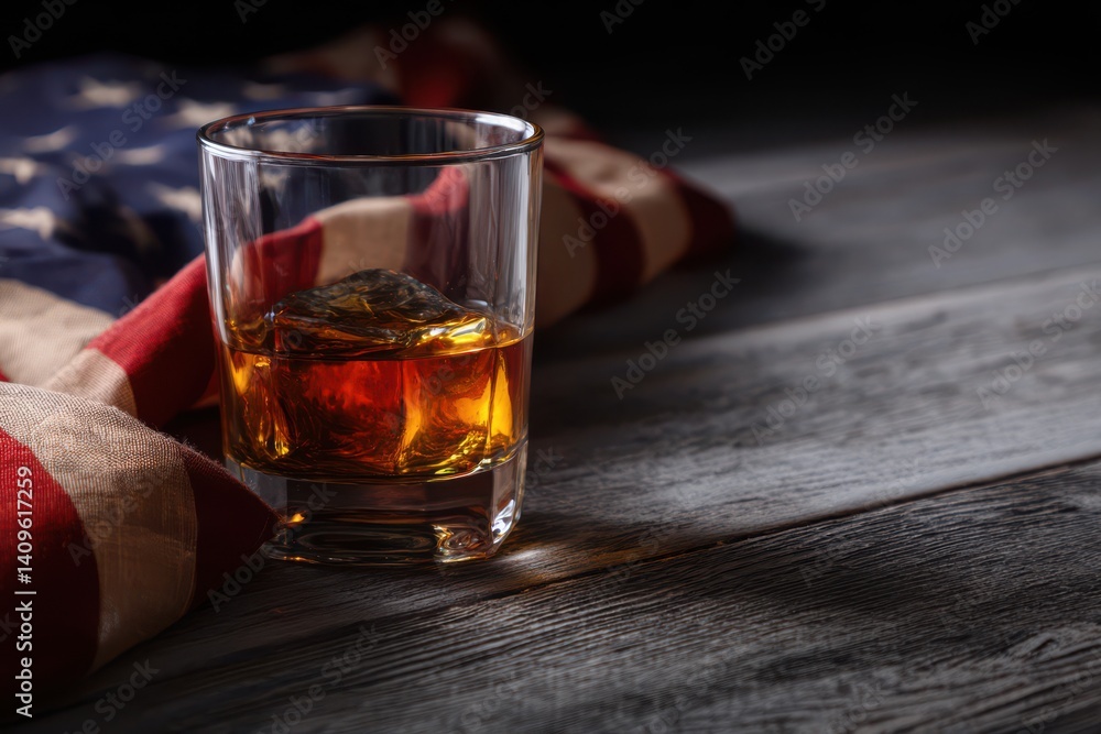 A glass of whiskey with an American flag in the background, on a wooden table. Space for text, copy space A glass of whiskey with an American flag in the background, on a wooden table. Space for text, copy space